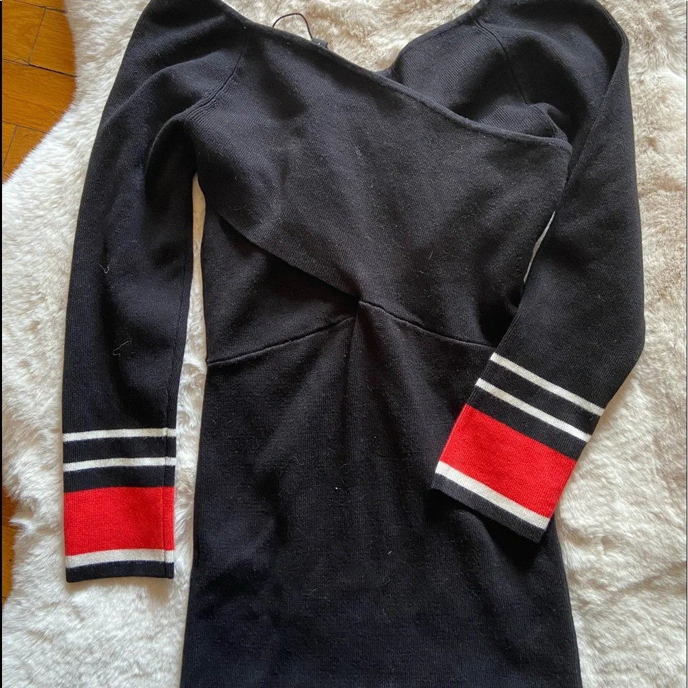 Express Black Off-the-Shoulder Sweater with Red Stripe Cuffs
